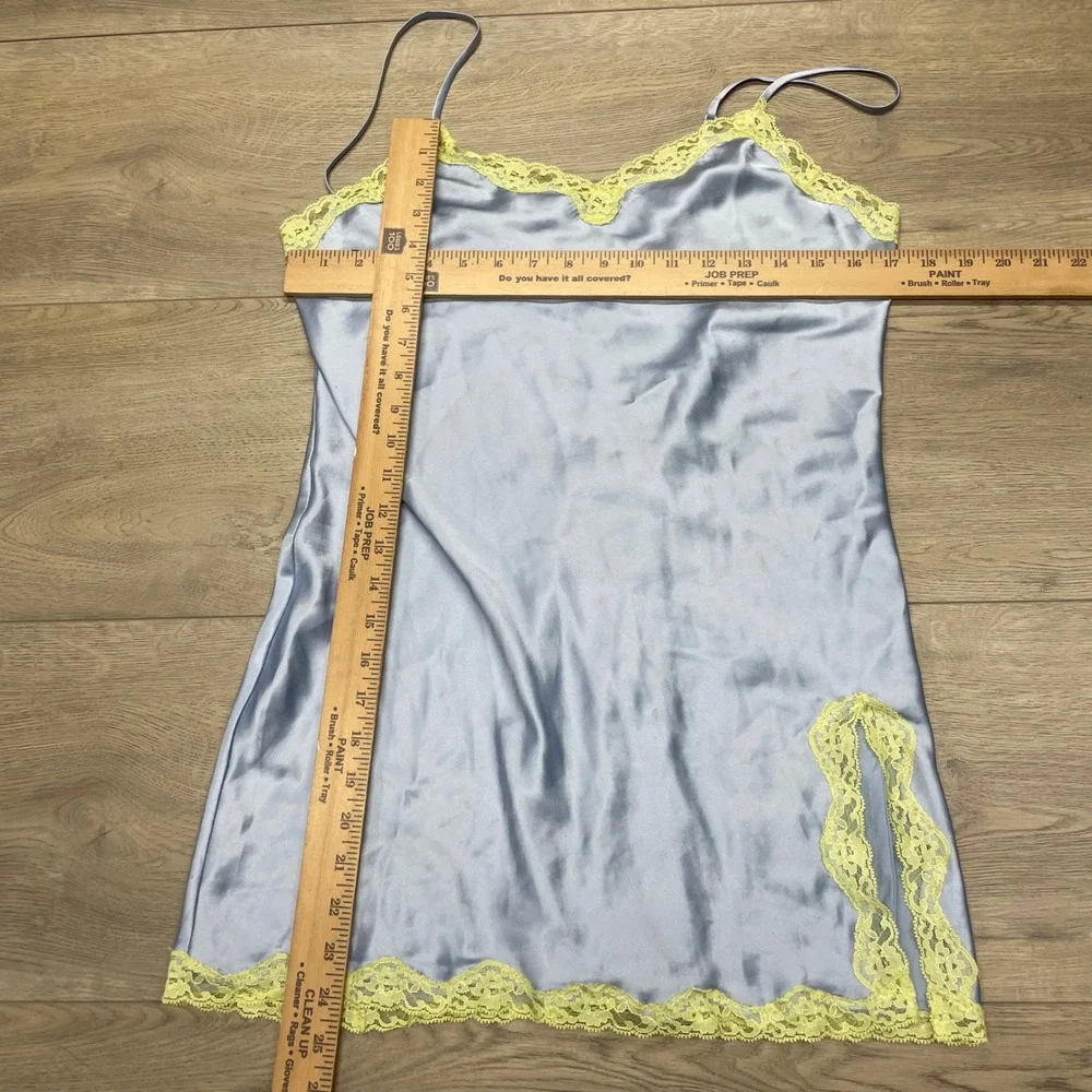 Victoria's Secret Slip Dress Women M Blue Yellow Lace Trim Satin Mini READ